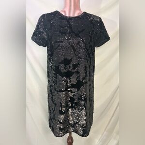 Forever 21 Black Velvet Abstract Sequin Shift Glam Party Mini Dress Size Small
